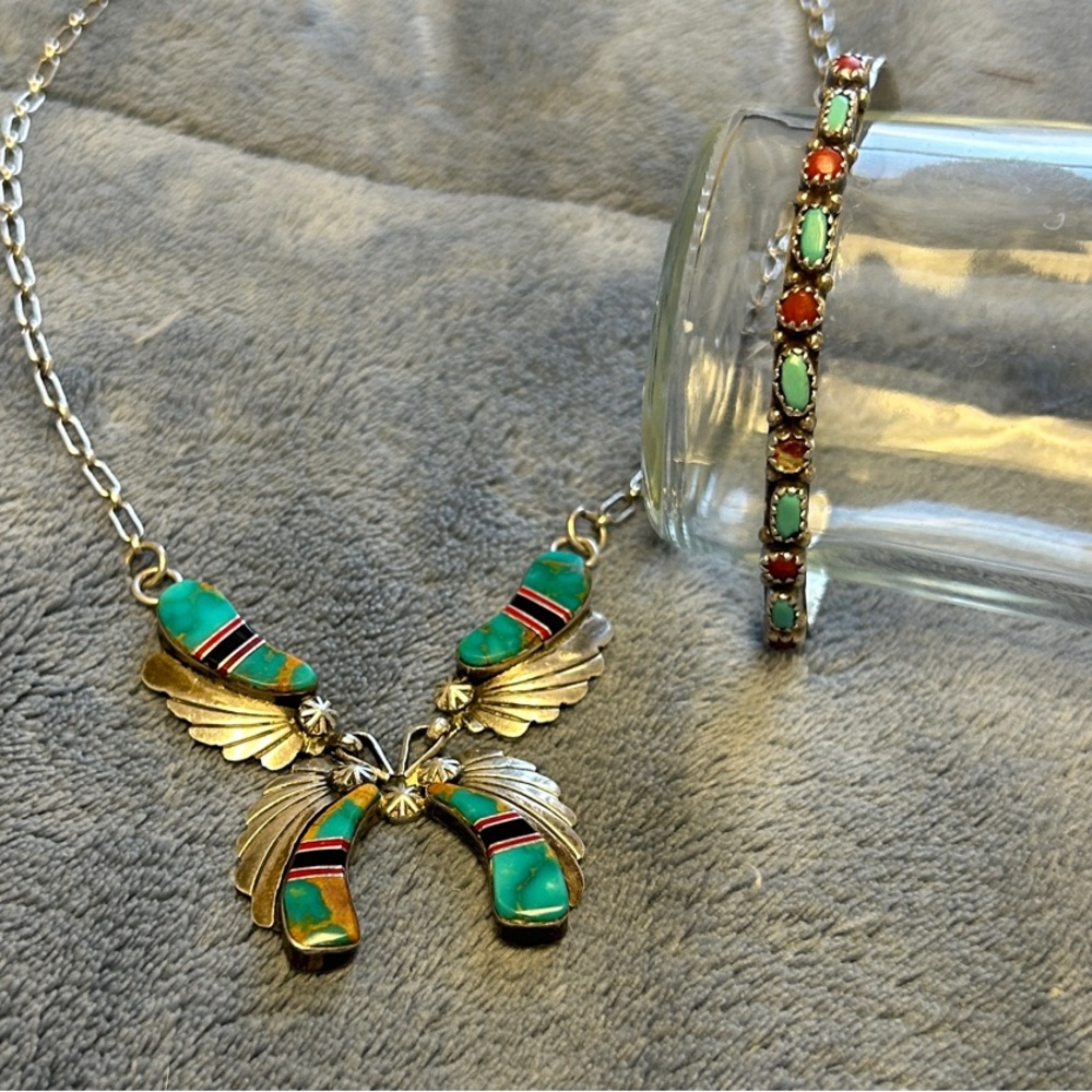 Vintage Sterling Silver Zuni Turquoise and Coral necklace and cuff bracelet set